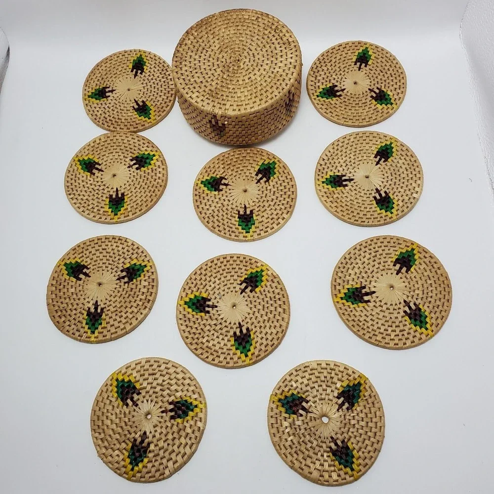 10 Woven Vintage Raffia Trivets Hot Plate Pads With Storage Container Boho
